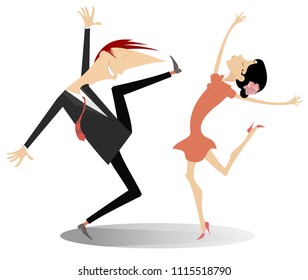 Dancing young couple illustration isolated. Funny dancing young man and woman isolated on white illustration
