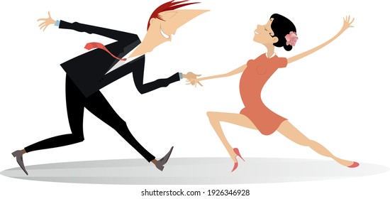 Tanzende junge Paar Illustration. 
Romantischer Tanzmann und -frau einzeln auf Weiß
