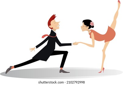 Ilustración bailando de pareja joven. 
Hombre y mujer románticos aislados en blanco
