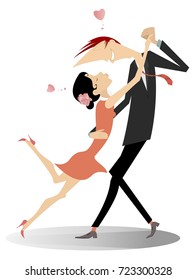 Dancing young couple lovers isolated. Romantic dancing man and woman
