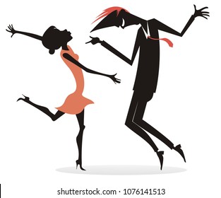 Dancing young couple silhouette illustration isolated. Romantic dancing young man and woman silhouettes isolated on white illustration vector
