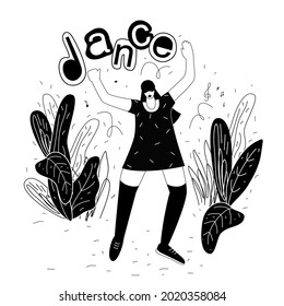 Bailando a una joven sobre el fondo de la naturaleza. Ilustración vectorial monocroma sobre fondo blanco. Carácter bailarín. La inscripción dibujada a mano Baile. Diseño de afiches, tarjetas o camisetas.