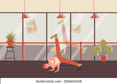 Dancing young man vector illustration. Cartoon male teen dancer character moving in hip hop action, sport freestyle master class on street dance to music in fitness dance club gym interior background