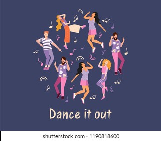 Dancing young people in different poses. Movement of people to music at a party, carnival or festival. Joyful emotions, mood. Vector illustration