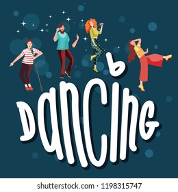 Dancing young people in different poses. Movement of people to music at a party, carnival or festival. Joyful emotions, mood. Vector illustration