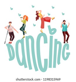 Dancing young people in different poses. Movement of people to music at a party, carnival or festival. Joyful emotions, mood. Vector illustration