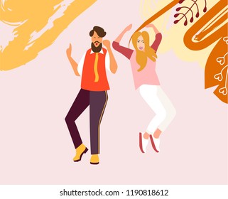 Dancing young people. A man and a woman dance and move to the music at a party, festival or carnival. Joyful emotions. Vector illustration