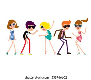 Dancing young people at the party. Twist dance. Vector illustration.