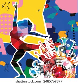 Dancing young woman with colorful background. Dancing studio poster