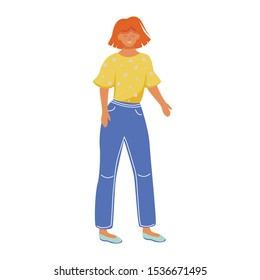 Dancing young woman flat vector illustration. Party entertainment. Joyful person. Adolescent caucasian full body girl in casual clothes isolated cartoon character on white background