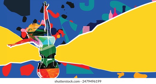 Mujer joven que baila con violoncello en fondo colorido. Afiche de estudio de baile