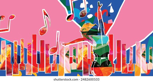 Mujer joven que baila con violoncello en fondo colorido. Afiche de estudio de baile