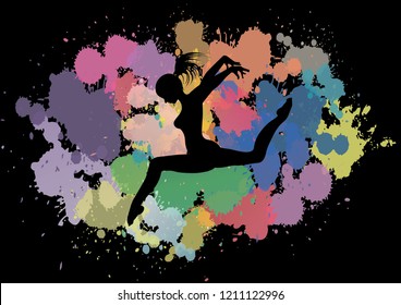 Dancinh girl silhouette on color splashes