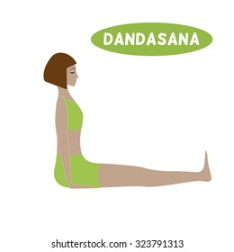 Dandasana. Vector yoga pose illustration.  Yoga class, yoga center, yoga studio. Yoga poster. Sketch with yoga asana. Girl does yoga exercises. Healthy lifestyle.