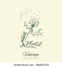 Dandelion abstract graphic vector ink illustration isolated, vintage romantic style, doodle sketch for greeting card, package cosmetic, page magazine, wedding invitation, florist shop, medical product