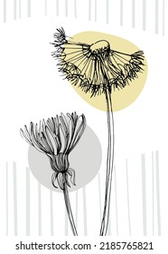 Dandelion Abstract Hand Painted Illustrations for Wall Decoration, Postcard, Social Media Banner, Brochure Cover Design Background. Modern Abstract Painting Artwork. Vector Pattern