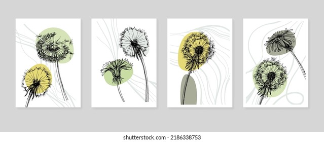 Dandelion Abstract Hand Painted Illustrations for Wall Decoration, Postcard, Social Media Banner, Brochure Cover Design Background. Modern Abstract Painting Artwork. Vector Pattern