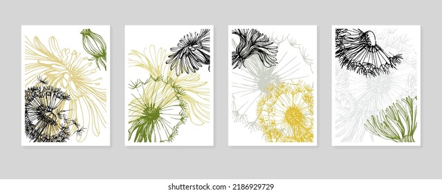 Dandelion Abstract Hand Painted Illustrations for Wall Decoration, Postcard, Social Media Banner, Brochure Cover Design Background. Modern Abstract Painting Artwork. Vector Pattern