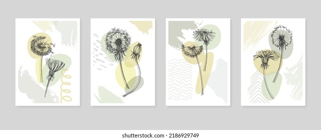 Dandelion Abstract Hand Painted Illustrations for Wall Decoration, Postcard, Social Media Banner, Brochure Cover Design Background. Modern Abstract Painting Artwork. Vector Pattern