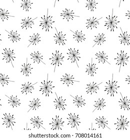 Dandelion or allium or fennel like flowers and seed pattern. Vector floral seamless repeat with simple hand drawn stylized flowers.