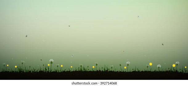 dandelion background for text, morning fresh summer background with dandelions and butterfly, vector