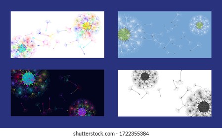 Dandelion background for your design. Set from different four backgrounds. The wind blows dandelion seeds. Floral background. Advertising flyer brochure. Vector template.