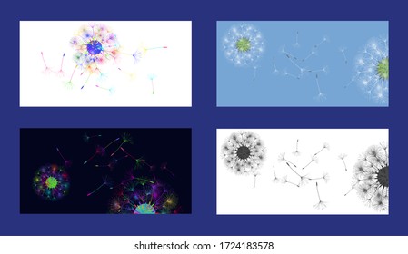 Dandelion background for your design. Set from different four backgrounds. The wind blows dandelion seeds. Floral background. Brochure creative design. Vector template.