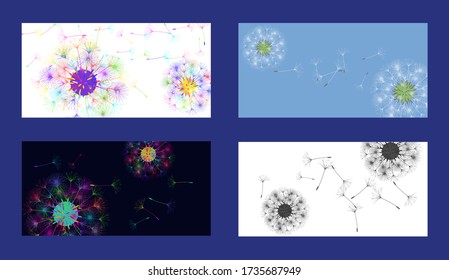 Dandelion Hintergrund für Ihr Design. Aus verschiedenen vier Hintergründen. Der Wind bläst Löwenkerzen. Blumenhintergrund. Broschüre kreatives Design. Vektorvorlage.
