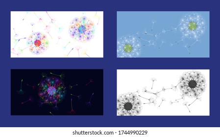 Dandelion background for your design. Set from different four backgrounds. The wind blows dandelion seeds. Floral background. Brochure creative design. Vector template.