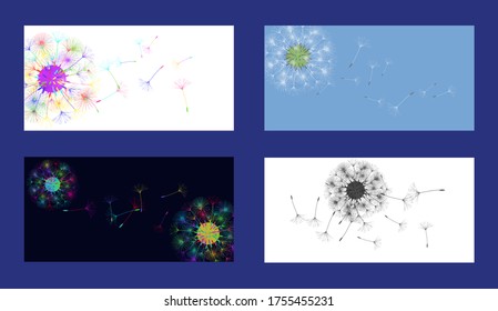 Dandelion background for your design. Set from different four backgrounds. The wind blows dandelion seeds. Floral background. Advertising flyer brochure. Vector template.