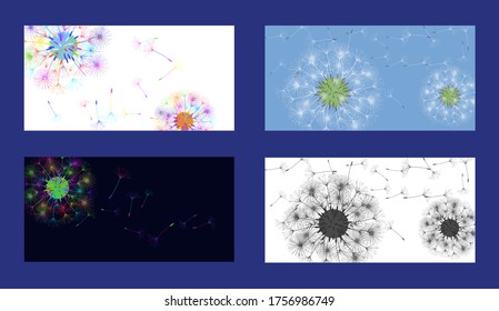 Antecedentes de Dandelion para tu diseño. Se establece en cuatro orígenes diferentes. El viento sopla semillas de león. Fondo floral. Diseño creativo de folleto. Plantilla de vectores.