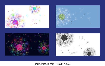 Dandelion background for your design. Set from different four backgrounds. The wind blows dandelion seeds. Floral background. Brochure creative design. Vector template.