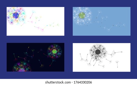 Dandelion background for your design. Set from different four backgrounds. The wind blows dandelion seeds. Floral background. Brochure creative design. Vector template.