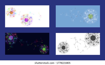 Dandelion background for your design. Set from different four backgrounds. The wind blows dandelion seeds. Natural background. Advertising flyer brochure. Vector template.