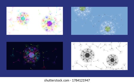 Dandelion background for your design. Set from different four backgrounds. The wind blows dandelion seeds. Natural background. Brochure creative design. Vector template.