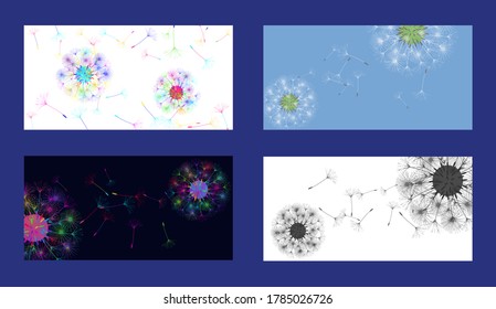 Dandelion background for your design. Set from different four backgrounds. The wind blows dandelion seeds. Natural background. Brochure creative design. Vector template.