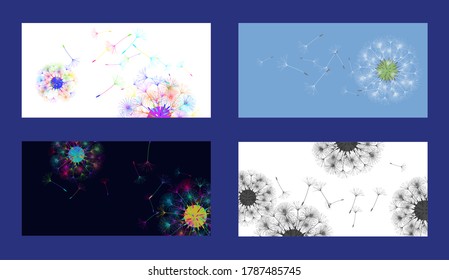Dandelion background for your design. Set from different four backgrounds. The wind blows dandelion seeds. Natural background. Brochure creative design. Vector template.