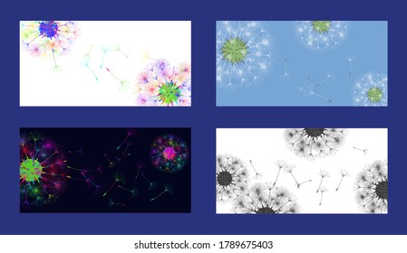 Antecedentes de Dandelion para tu diseño. Se establece en cuatro orígenes diferentes. El viento sopla semillas de león. Fondo floral. Diseño creativo de folleto. Plantilla de vectores.
