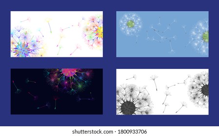 Dandelion background for your design. Set from different four backgrounds. The wind blows dandelion seeds. Natural background. Brochure creative design. Vector template.