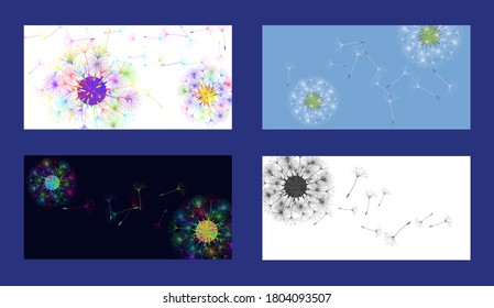 Dandelion background for your design. Set of four different backgrounds. The wind blows dandelion seeds. Natural background. Brochure creative design. Vector template.