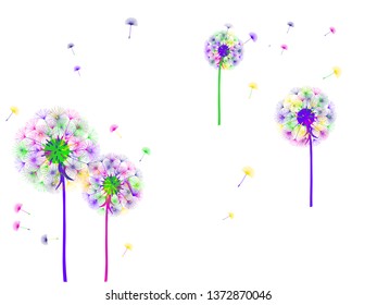 Dandelion background for your design. The wind blows dandelion seeds. Template for posters, wallpapers, cards. Vector illustration.