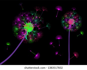 Dandelion background for your design. The wind blows dandelion seeds. Template for posters, wallpapers, cards. Vector illustration.