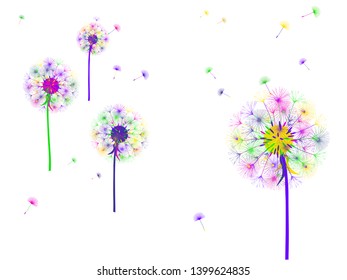 Dandelion background for your design. The wind blows dandelion seeds. Template for posters, wallpapers, cards. Vector illustration.