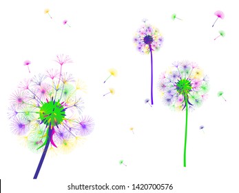 Dandelion background for your design. The wind blows dandelion seeds. Template for posters, wallpapers, cards. Vector illustration.