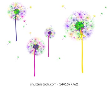 Dandelion background for your design. The wind blows dandelion seeds. Template for posters, wallpapers, cards. Vector illustration.