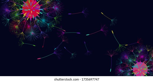 Dandelion background for your design. The wind blows dandelion seeds. Natural background. Brochure creative design. Vector template.