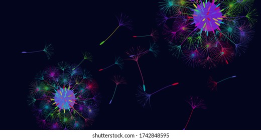 Dandelion background for your design. The wind blows dandelion seeds. Floral background. Advertising flyer brochure. Vector template.