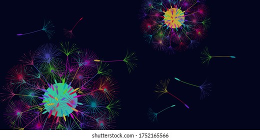 Antecedentes de Dandelion para tu diseño. El viento sopla semillas de león. Fondo natural. Folleto del folleto publicitario. Plantilla de vectores.