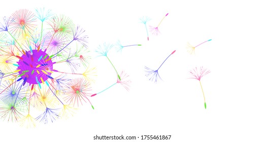 Dandelion background for your design. The wind blows dandelion seeds. Natural background. Brochure creative design. Vector template.