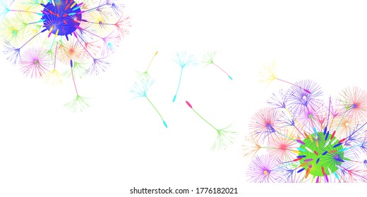 Dandelion background for your design. The wind blows dandelion seeds. Floral background. Advertising flyer brochure. Vector template.